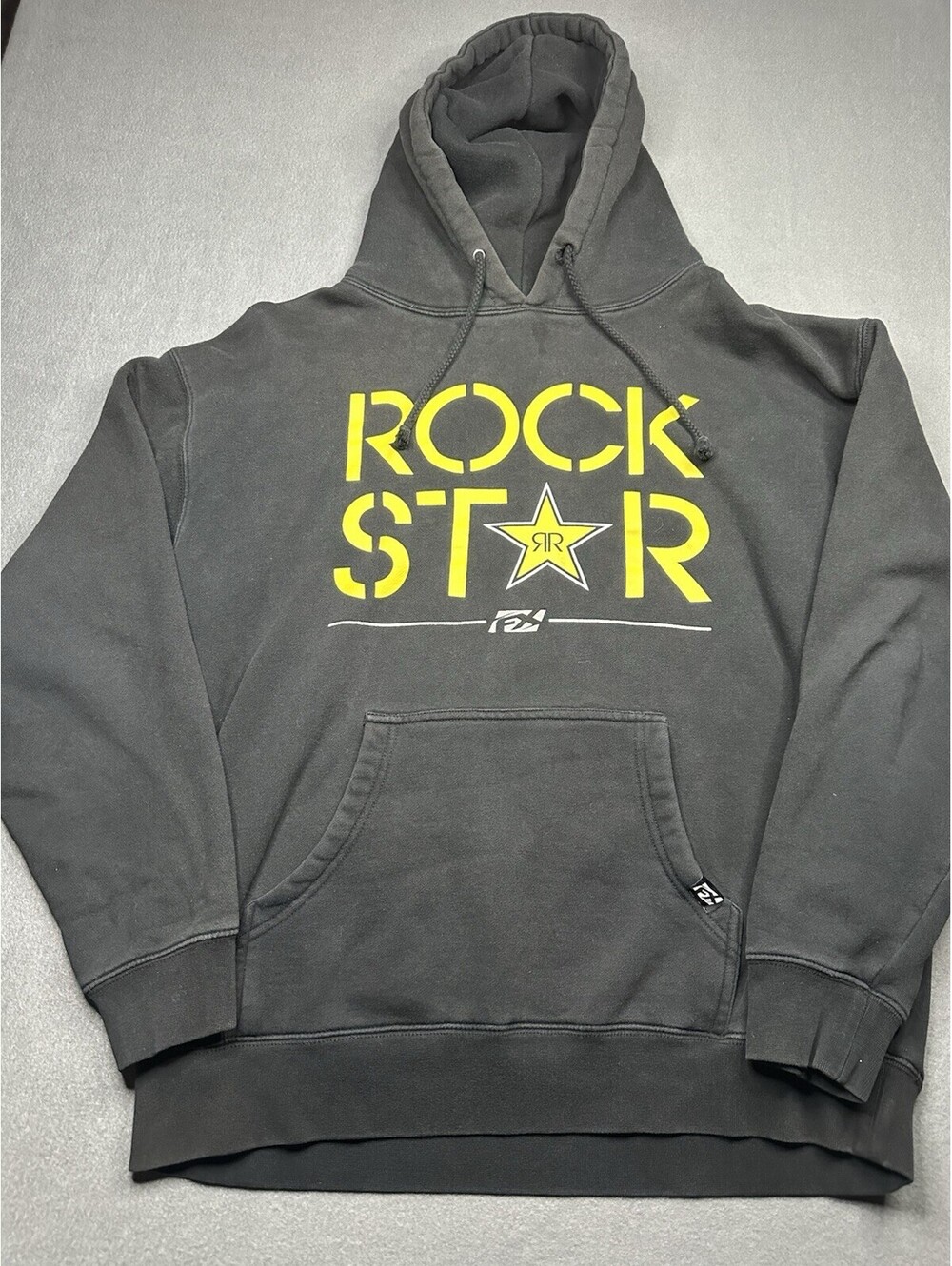 Distressed Y2K ROCK STAR Hoodie Pullover Sweatshirt Men's M Black Energy Drink